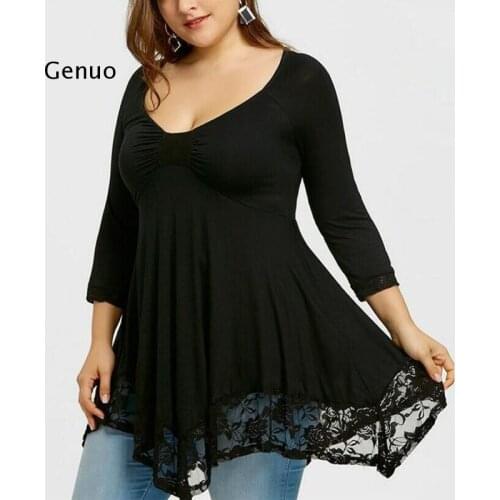 Large Size Women Blusas Fashion V Neck Three Quarter Sleeve Lace Patchwork Irregular Long Blouse 5xl Plus Size Women Clothing