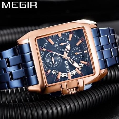 MEGIR Watch Men Waterproof Chronograph Military Male Clock Top Brand Luxury Blue Stainless Steel Man Sport Wristwatch Gift 2018