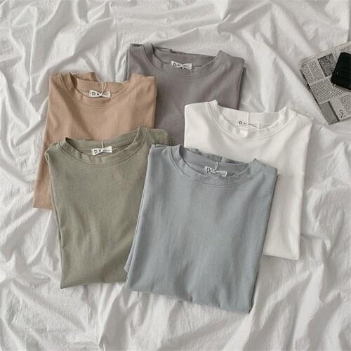 Summer T shirt Women Soft Loose SimpleSolid O-neck Cotton Match Basic Harajuku Tshirt Khaki Tops