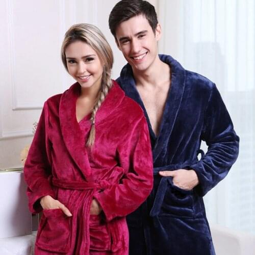 On Sale Men Women Luxury Winter Bathrobe Mens Warm Silk Flannel Long Kimono Bath Robe Male Bathrobes Lovers Night Dressing Gown