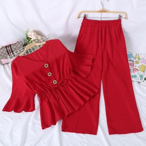 Summer Clothes For Women Suit Fashion New V-neck Lotus Swing Crop Top High Waist Slim Wide Leg Pants Two Set Womens Tracksuit