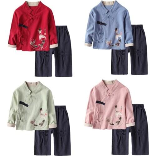 2020 Chinatown Hanfu Kids Boys Girls kung fu Suit Koi Carp Chinese Traditional Costumes New Year Children Clothing set Cotton