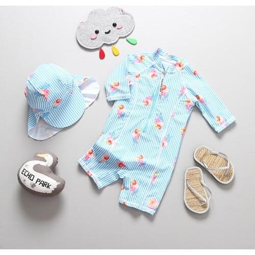 2-7years Girls Swimsuits Blue Striped One-piece Sunscreen Anti-UV Baby Girl Swimwear 2021new Arrival Fashional Swimming Suit