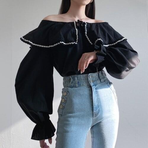 Summer new sweet lotus leaf crop top women Commuting with one word collar temperament tops women Lantern sleeve tops women 2021