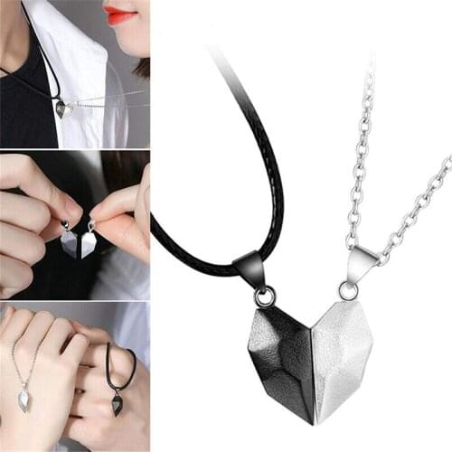 1Pair Magnetic Paired Pendants Couple Necklace for Lovers Heart Shaped Punk Friends Neck Chain for Men Women Valentines Day Gift