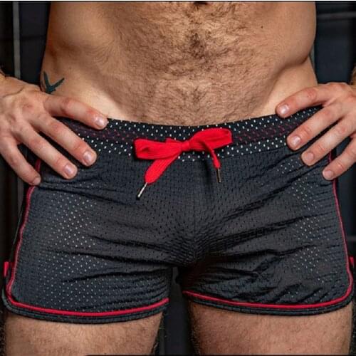 Men Mesh Shorts Muscle Sports Fitness Mens Underwear Mesh Sexy U Convex Transparent Hollow Shorts Boxer Shorts Men M-3Xl
