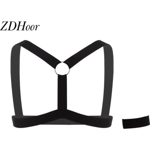 Mens Elastic Y-Shaped Front Body Chest Harness Belt Shoulder Support Muscle Straps with Armband Costume Nightclub Wear Stage Top