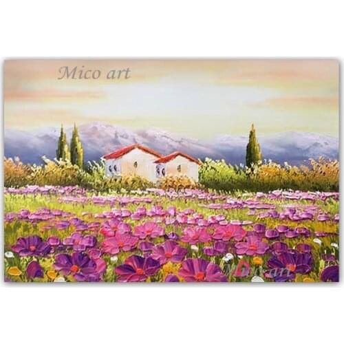 Outdoor Lavenders Flower Landscape Oil Painting 100% Hand-painted Wall Decor Canvas Pictures Art Unframed Paintings Artwork