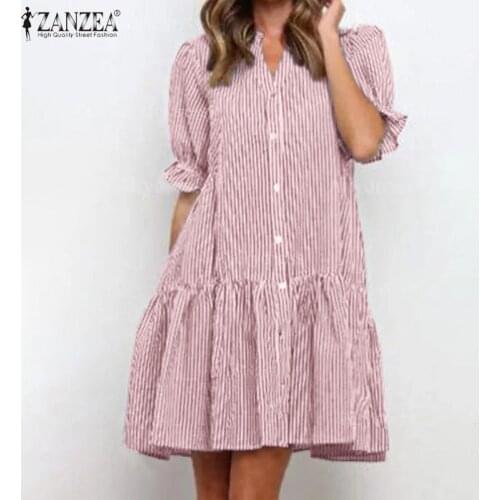 Oversized ZANZEA Women V Neck Short Sleeve Shirt Dress 2021 Summer Ruffles Striped Sundress Button Work Vestido Tunic Robe Femme