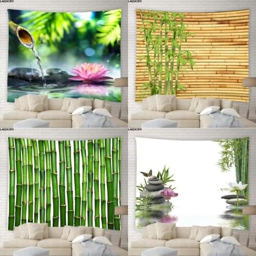 Zen Natural Scenery Tapestry Wood Bamboo Green Plants Stones Flowing Water Spring Photography Wall Hanging Bedroom Home Decor