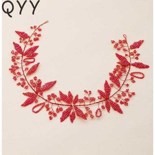 QYY Red Flower Handmade Copper Wire Pearls Vine Hair Wedding Headband Princess Tiaras Headpiece Bridal Hair Jewelry Accessories