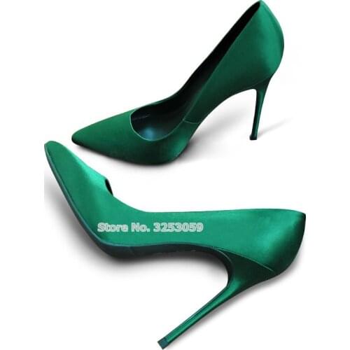 ALMUDENA Luxurious Women Emerald Dark Green Silk Cloth Dress Pumps Stiletto Heels Satin Fabric Banquet Shoes Pointed Toe Pumps