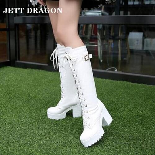 JETT DRAGON Platform Lacing Knee High Boots Women Square High Heel Motorcycle Boots Woman Pu Leather Shoes Autumn Ladies Shoes