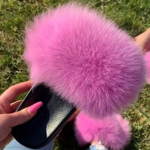 Fur Slides For Women Real Fox Fur Slippers Female Luxury Fluffy Rainbow Color Fur Sandals Flat Soft Fashion Furry Flip Flops