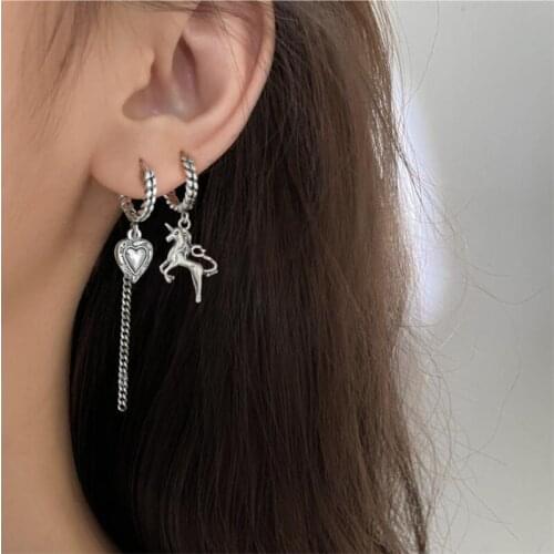 Vintage 925 Sterling Silver Tassel Asymmetry Unicorn Heart Korean Drop Earring For Women Wedding Jewelry eh895