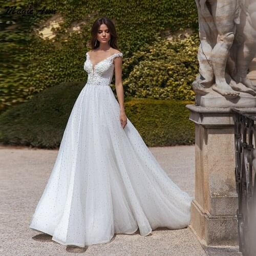 Magic Awn Sparkly Boho Wedding Dresses Lace Appliques Illusion Beaded A-Line Tulle Country Bridal Gowns Vestidos De Novia