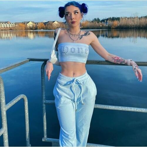 2021 Letter Print Womens Summer Suits High Street Sleeveless Strapless Cropped and Solid Loose Sweatpants Matching Sets Female