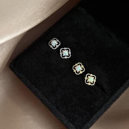 Morivovog 925 Sterling Silver Square Lace Opal Mini Stud Earrings Girls Petal Flower Small Earrings Ladies Aesthetics Jewelry