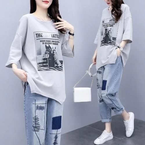 Plus size Women Set Korean T-shirt Loose Casual Jeans Fashion Two Piece Set Oversized T Shirt Summer New Clothes Ladies suit