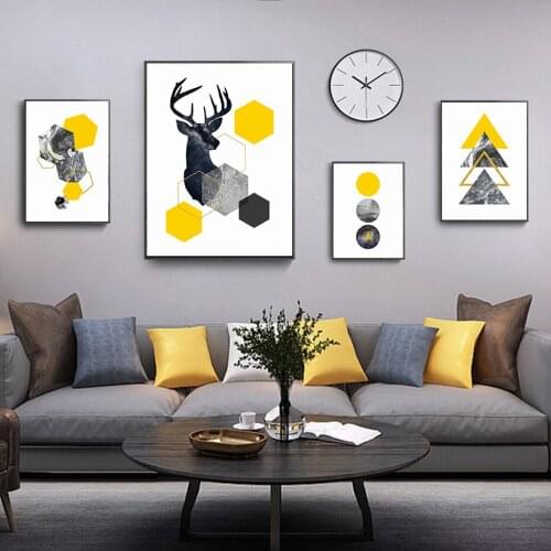 Canvas Painting Abstract Geometric Poster Triangles Yellow Marble Nordic Deer Wall Art Prints Pictures Living Room Home Decor