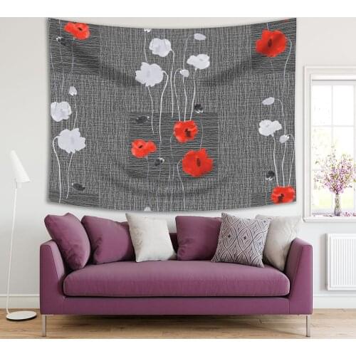 Tapestry Poppy Flowers on Dark Background with Squares Wild Nature Blooms Decorative Watercolor Art Red White Gray
