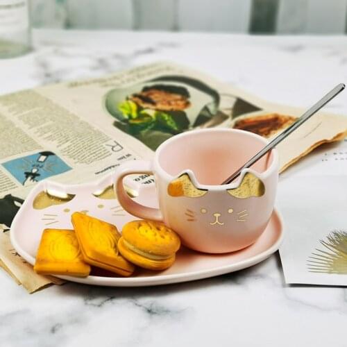 Ceramic Pink Cat Pattern Coffee Cups Dessert Plate Outfit Creative Cute Coffee Tea Drinkware Saucer Sets Give Away Spoon