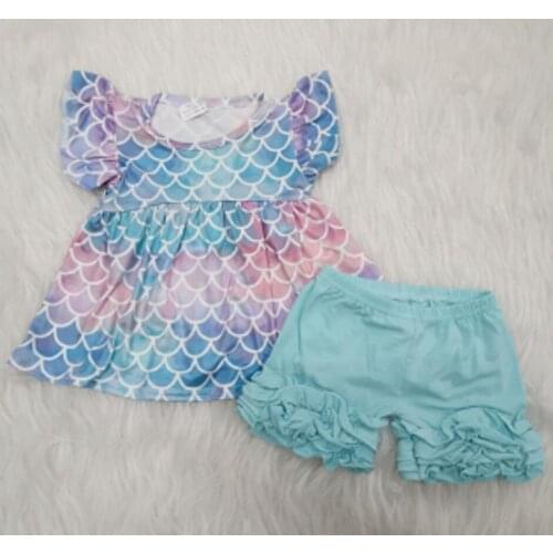 2020 hot sale cute Baby girls clothes wholesale short sleeve blue ruffles pants mermaid boutique Kid clothing