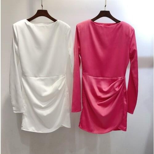 Fashion ladies 2021 new long sleeve round neck pleated solid color dress 1231