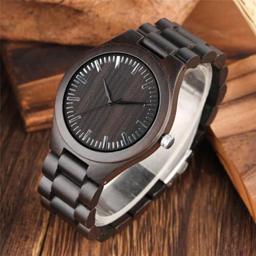 Handmade Natural Ebony Bamboo Man Wristwatch Solid Color Bracelet Quartz Analog Clock Adjustable Length Strap Watches Present