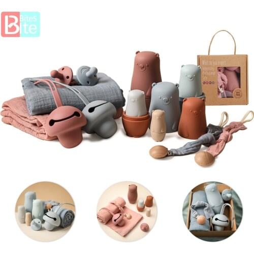 Bite Bites Baby Montessori Toy Set Silicone Pacifier Baby Saliva Towel Kid Stacking Toy Set BPA Free Childrens Holiday Gifts