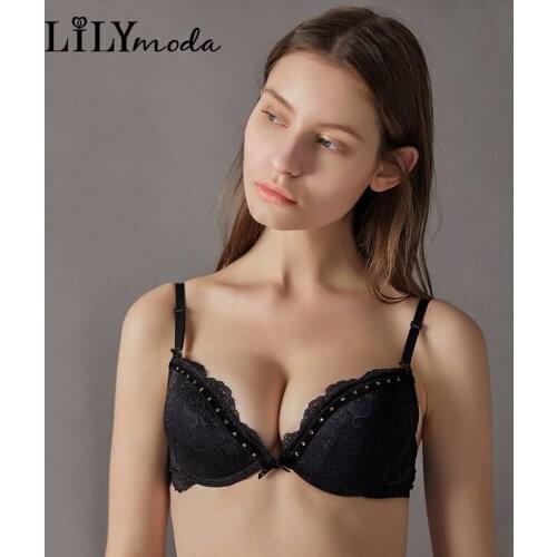 Lilymoda 2018 New Womens Luxury Lace Rhinestone Decoration Bra Deep V Push Up 3/4 Cup Brassiere Sexy Female Lingerie Black Red