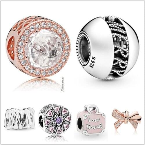 Original 925 Sterling Silver Radiant Hearts With Pink & Clear Crystal Charm Beads Fit Pandora Bracelet & Necklace Jewelry