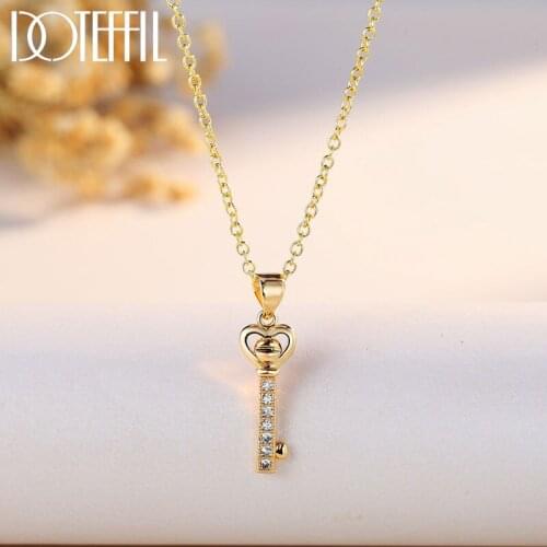 DOTEFFIL 925 Sterling Silver Fashion Jewelry Gold Heart-Shaped Key AAA Zircon Necklace For Women Party Anniversary Wedding Gift