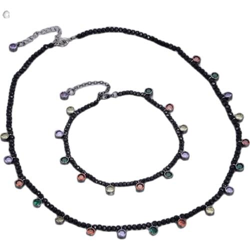 GG Jewelry Natural 3mm Faceted Rondelle Black Spinels Colorful CZ Crystal Necklace Bracelet Sets For Women
