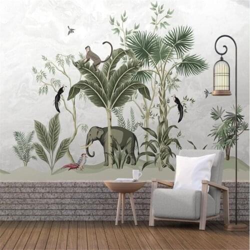 Custom 3d medieval hand painted tropical leaves elephant bird tv sofa background wall