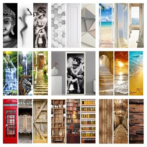 PVC Self-adhesive Door Sticker Window Sandy Beach Seascape 3D Photo Wallpaper Mural Living Room Bedroom Door Decoration Stickers