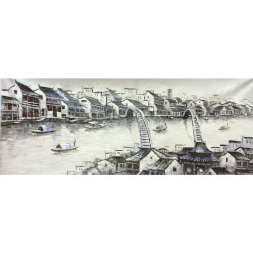 HandPainted White and Black China Suzhou Water Village Landscape Oil Canvas Painting Abstract Wall art Picture for Home Decor