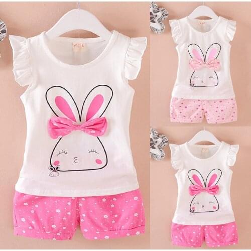Happy Easter Bunny Baby Girls Clothes Sets Toddler Baby Kids Girls Fly Sleeve Rabbit Bow Tops Dot Short Casual Outfit Set 2021