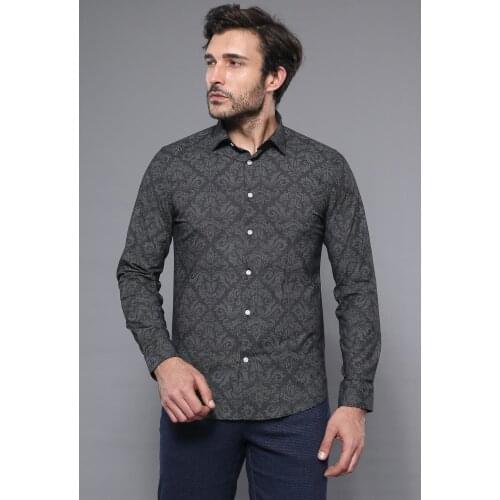 Patterned Dark Grey Long Sleeve Shirt