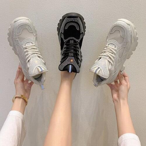 Sports shoes women spring 2021 new fashion thick-soled increased rhinestone round toe old shoes womens shoes X822