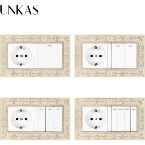 UNKAS 4D Zinc Alloy Metal Panel Russia Spain EU Socket + 1 2 3 4 Gang 1 / 2 Way On / Off Light Switch Embossing Retro Frame