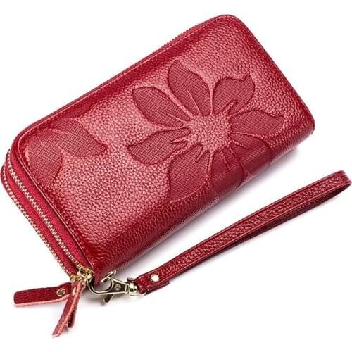 High Capacity Card Holder Wallet Female Wristlet Genuine Leather Floral Embossed Long Wallets For Women Double Zipper Clutch Bag