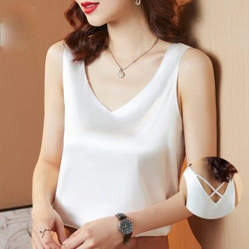Oversize Womens blouse 2021 Summer Sling Satin Micro-elasticity vest shirt V- neck Cross back Casual blouse Loose Female Tops