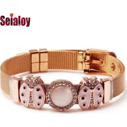 Rose Gold Stainless Steel Mesh Bracelets For Women Men Original Round Beaded Pink love Ladybug Charm Watch Belt Bracelet Bangle