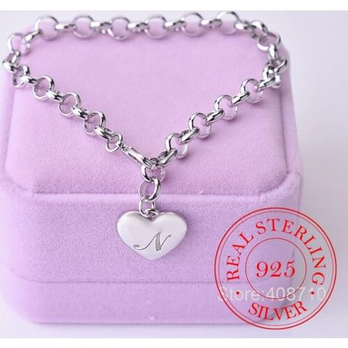 Punk Design 925 Sterling Silver A-Z Letter Heart Charm Bracelets & Bangles For Women Fine Jewelry Pulseras Mujer Moda 2021