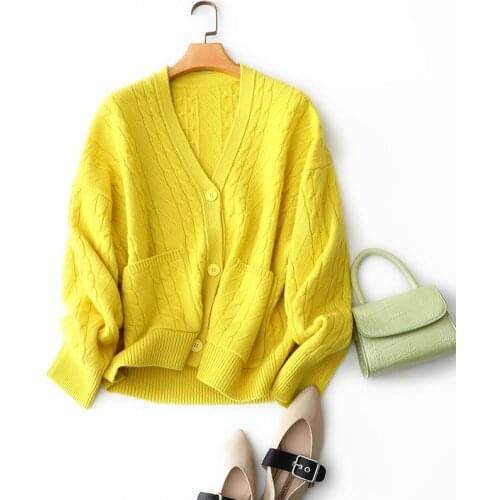 Korean fashion women winter thick coat v neck cable knit high quality 100% cashmere cardigan outerwear