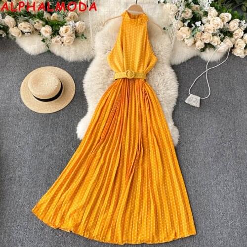 ALPHALMODA 2021 Summer Sleeveless Pleated Polka Dot Dress Sexy off shoulder High Waist Belted Women Elegant Mid-calf Dress