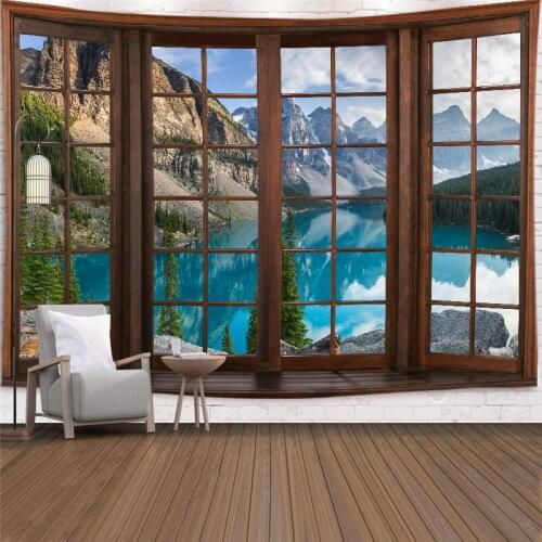 3D Window Landscape Tapestry Hippie Mountain Lavender Tree Lake Wall Hanging Cloth Art Wall Carpet Ceiling Background Home Decor