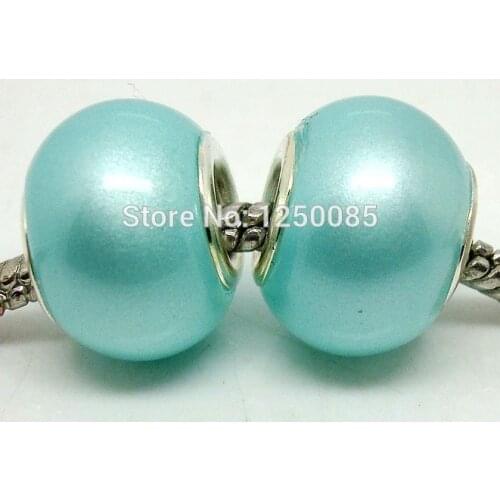 50Pcs Light Blue Color Imitation Pearl European Lampwork Glass Beads Fit European Bracelet & Necklace LGB269-11