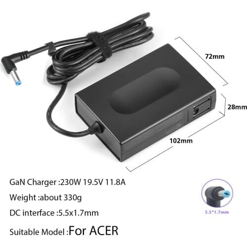 230W GaN Adaptor 5.5x1.7mm Portable High Power Charger for Gaming Laptops AC Adaptor for ACER 19.5V 11.8A